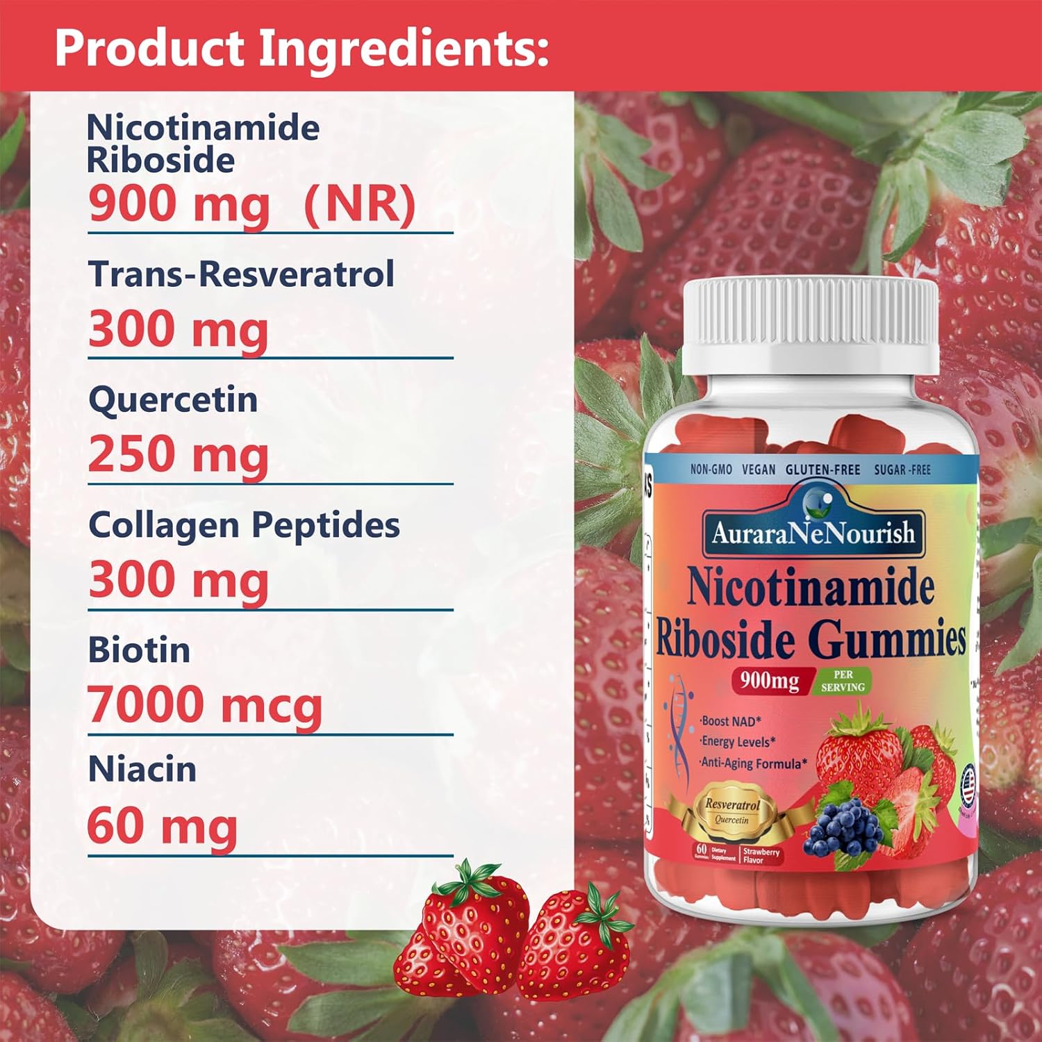 High Potency Sugar-Free NAD Supplement Gummies with Resveratrol and Collagen for Anti Aging and Energy Boost