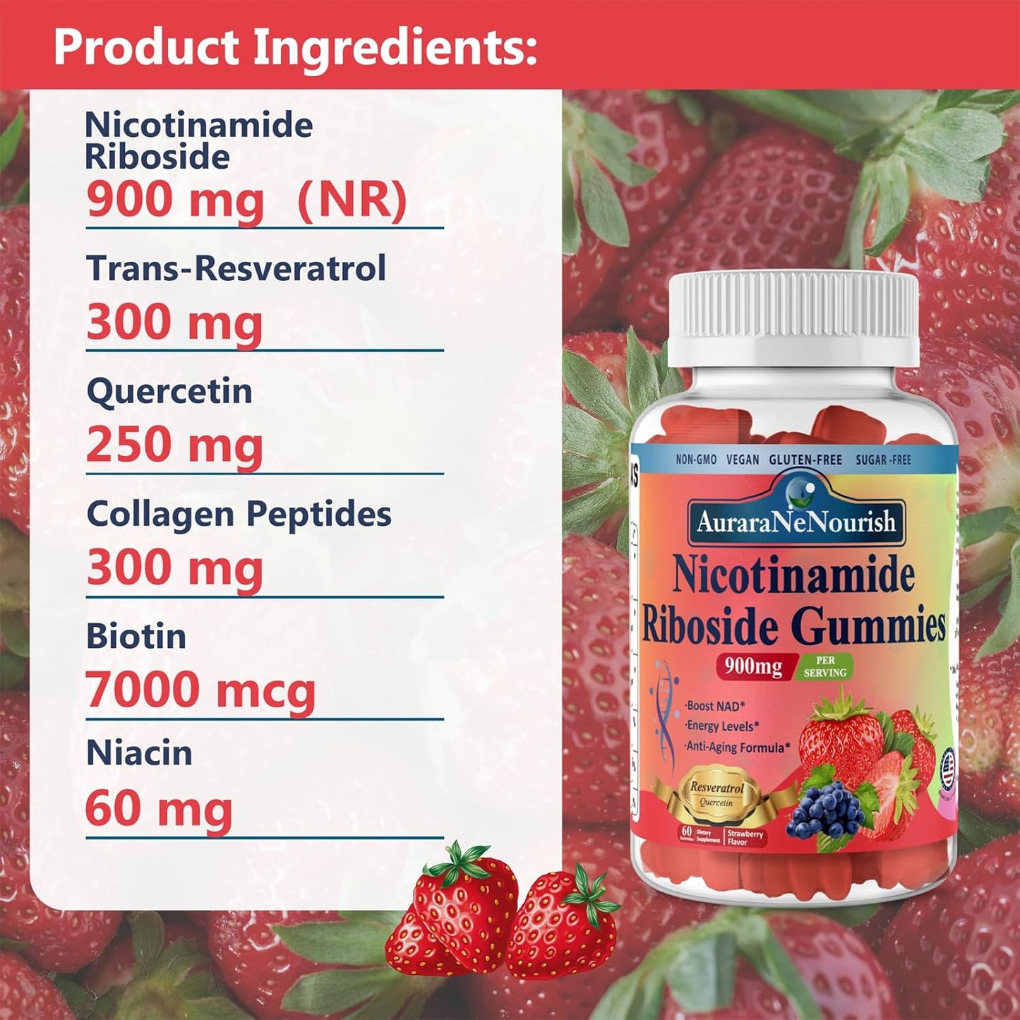 High Potency Sugar-Free NAD Supplement Gummies with Resveratrol and Collagen for Anti Aging and Energy Boost