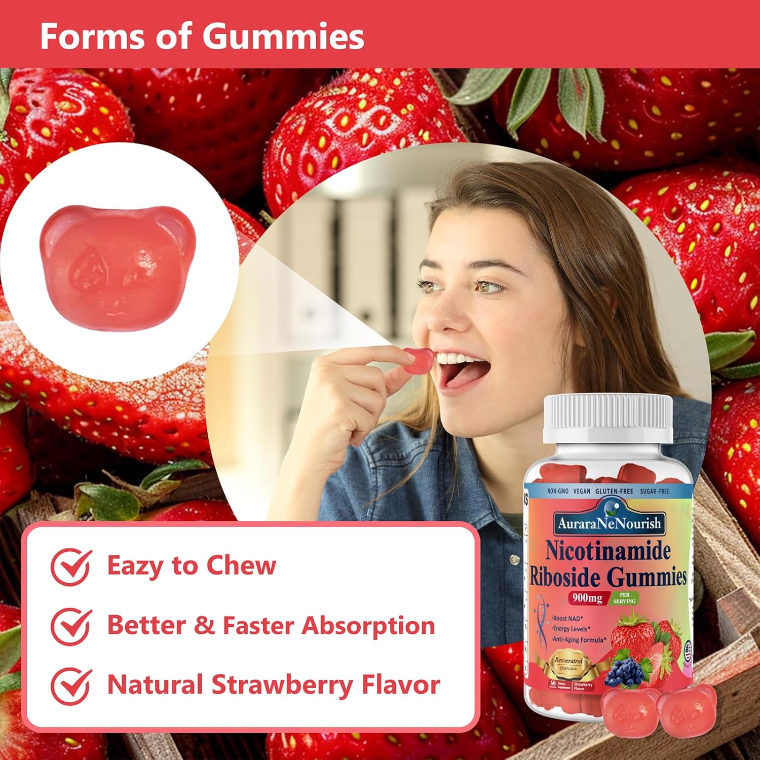 High Potency Sugar-Free NAD Supplement Gummies with Resveratrol and Collagen for Anti Aging and Energy Boost