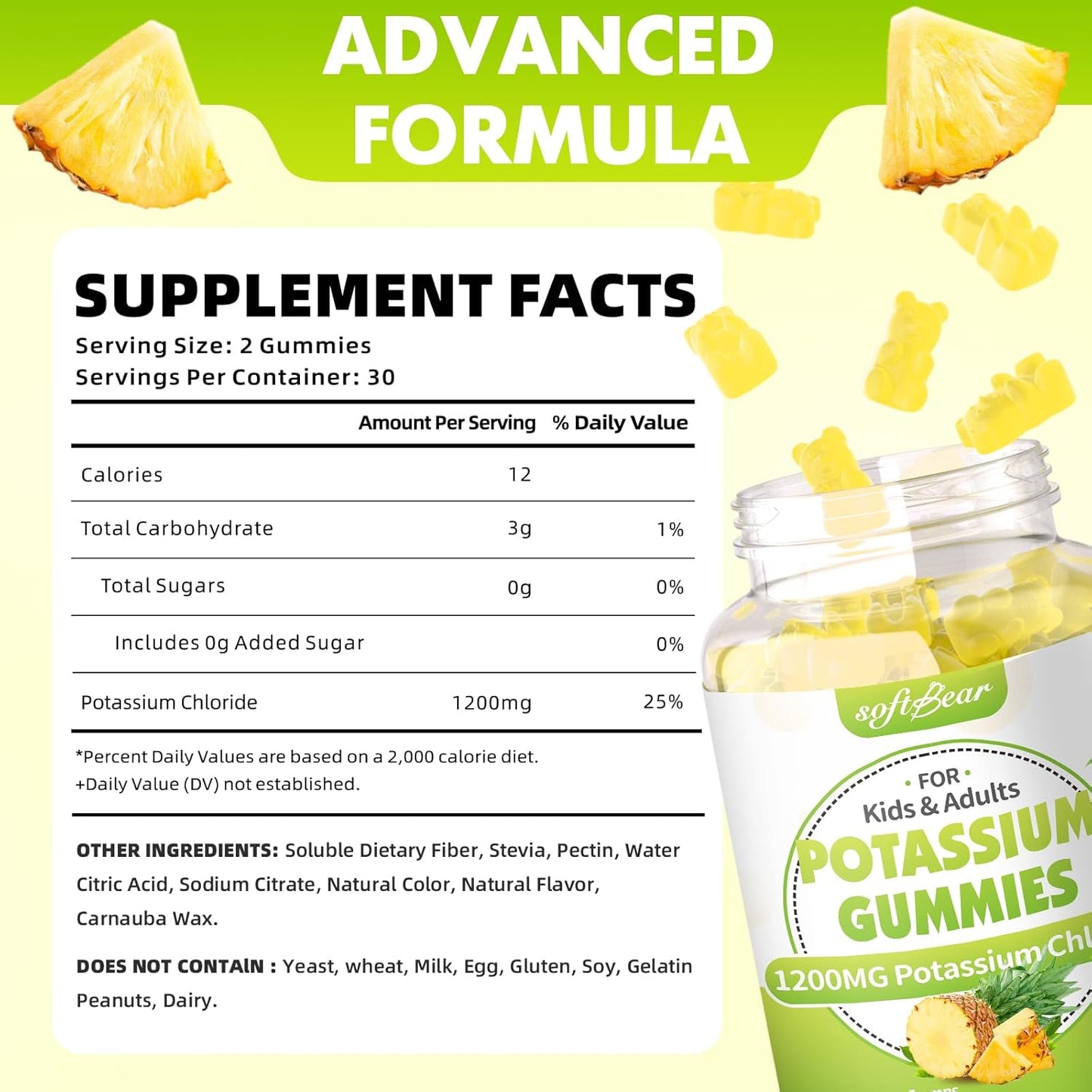 High Potency Sugar-Free Pineapple Potassium Gummies 1200mg - 120 Count - Leg Cramp Support for Adults - Softbear Potassium Chloride Supplement