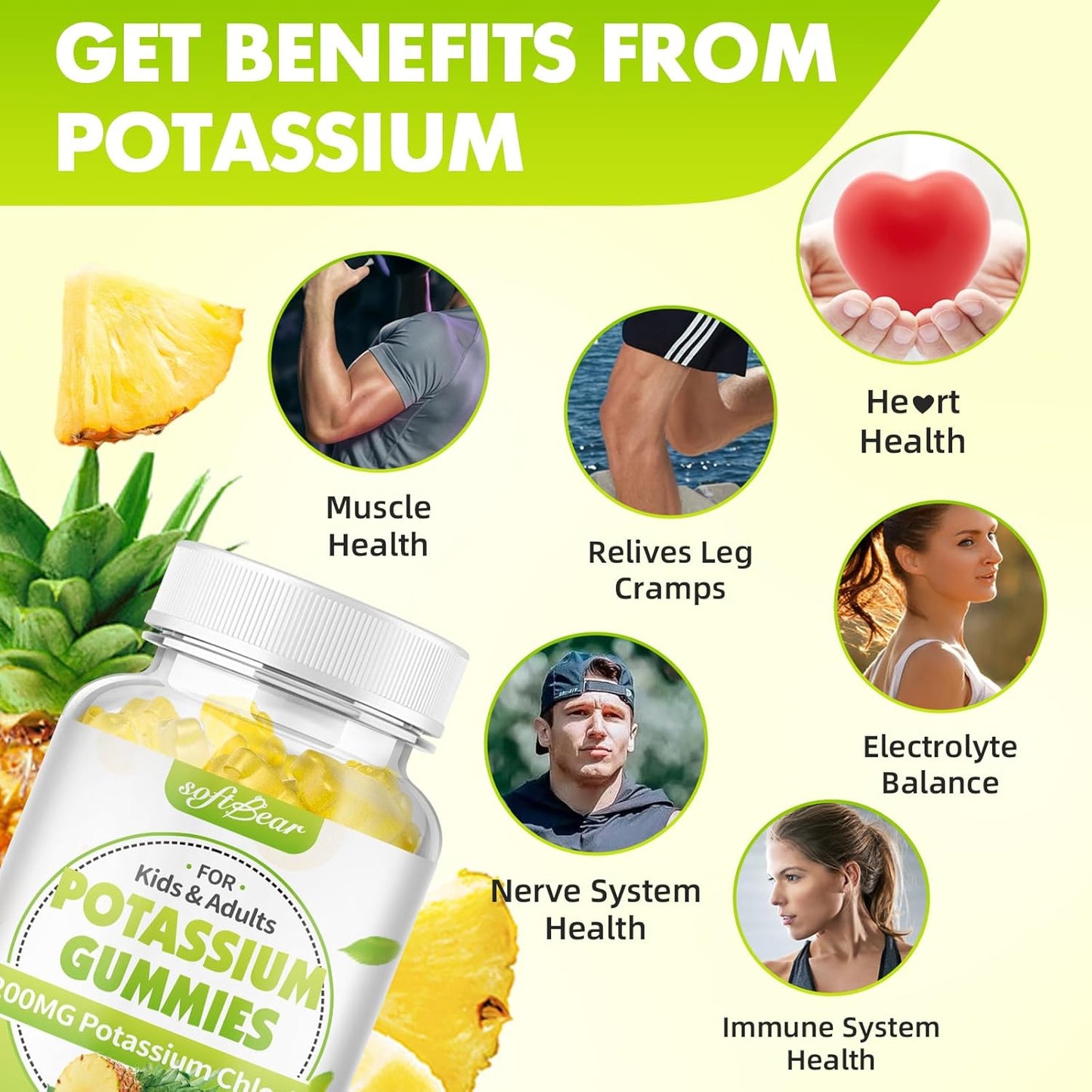 High Potency Sugar-Free Pineapple Potassium Gummies 1200mg - 120 Count - Leg Cramp Support for Adults - Softbear Potassium Chloride Supplement