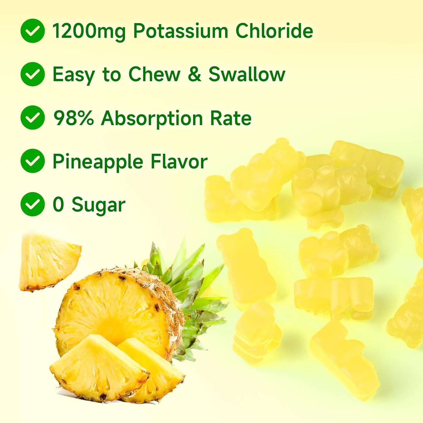 High Potency Sugar-Free Pineapple Potassium Gummies 1200mg - 120 Count - Leg Cramp Support for Adults - Softbear Potassium Chloride Supplement