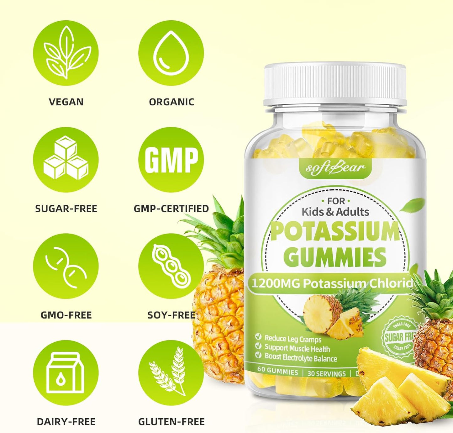 High Potency Sugar-Free Pineapple Potassium Gummies 1200mg - 120 Count - Leg Cramp Support for Adults - Softbear Potassium Chloride Supplement
