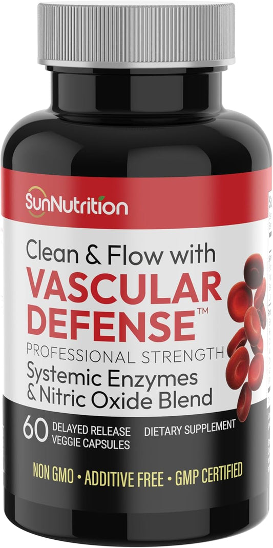 High Potency Sun Nutrition Nitric Oxide Capsules with Nattokinase and Beet Root Extract - Vascular Defense Systemic Enzymes - 60 Capsules