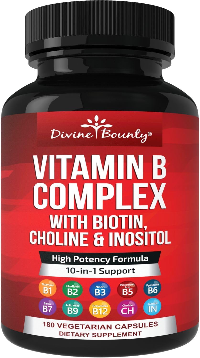High Potency Super B Complex Vitamins with B12, B1, B2, B3, B5, B6, B7, B9 - 180 Capsules - Energy Metabolism Support - Vegetarian Formula