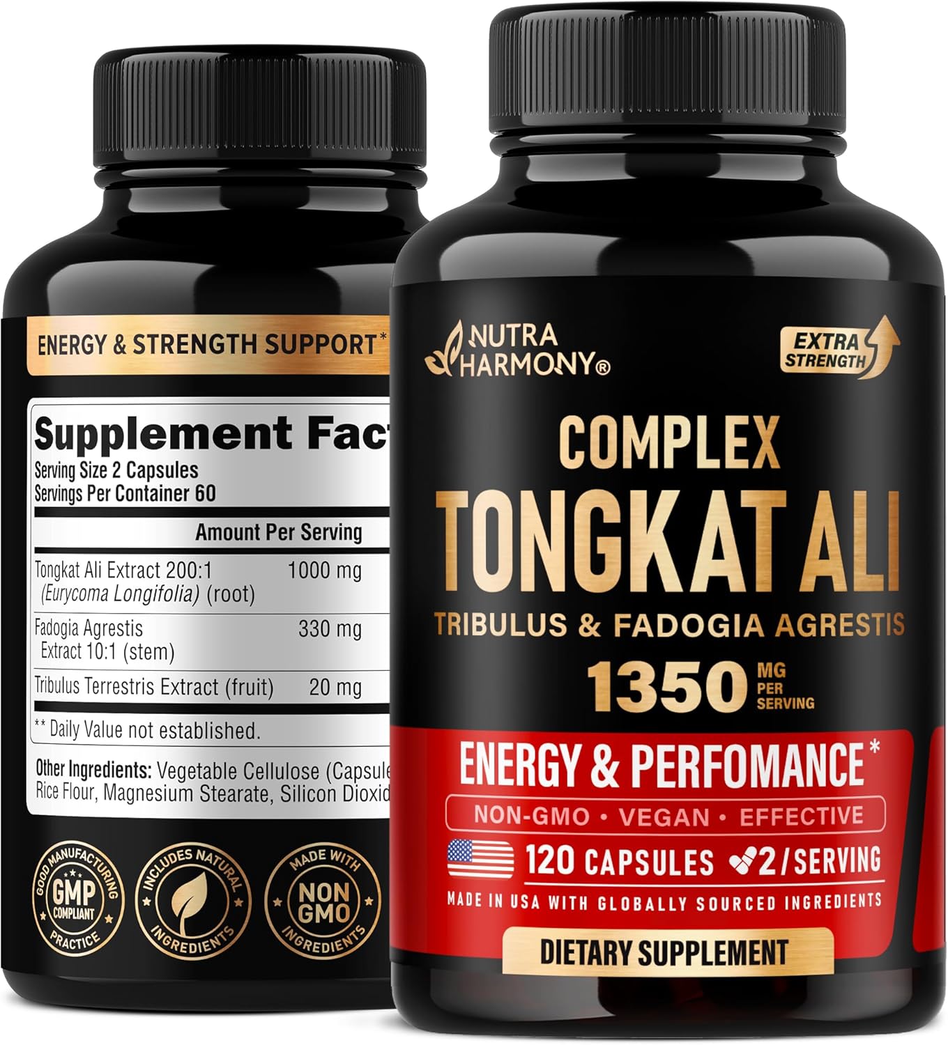 High Potency Tongkat Ali Men's Complex - Fadogia Agrestis & Tribulus Terrestris Blend for Energy, Strength & Performance - 200:1 Extract - 3rd Party Tested - 120 Capsules