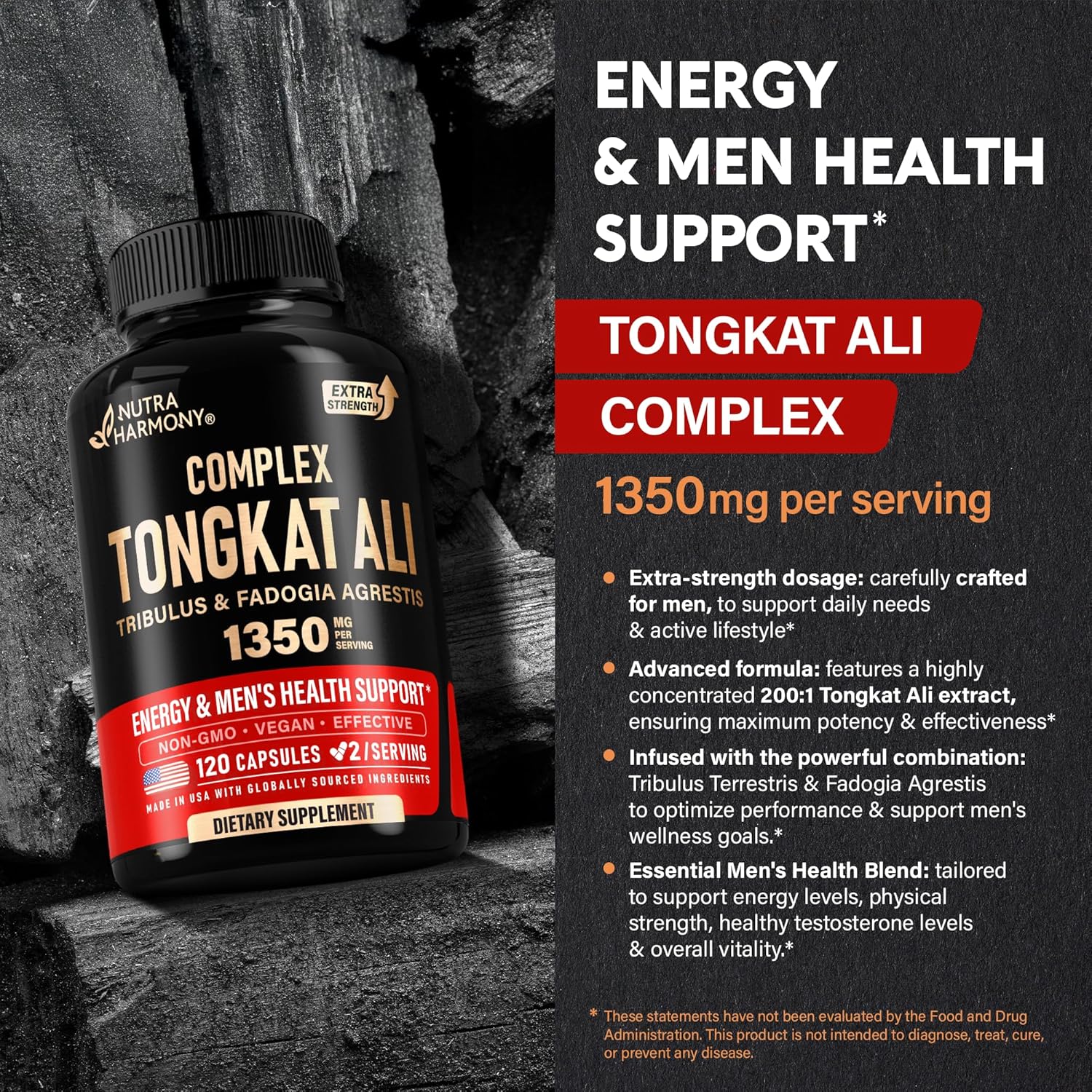 High Potency Tongkat Ali Men's Complex - Fadogia Agrestis & Tribulus Terrestris Blend for Energy, Strength & Performance - 200:1 Extract - 3rd Party Tested - 120 Capsules