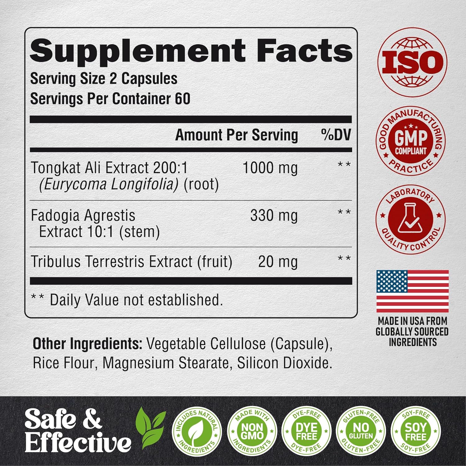 High Potency Tongkat Ali Men's Complex - Fadogia Agrestis & Tribulus Terrestris Blend for Energy, Strength & Performance - 200:1 Extract - 3rd Party Tested - 120 Capsules