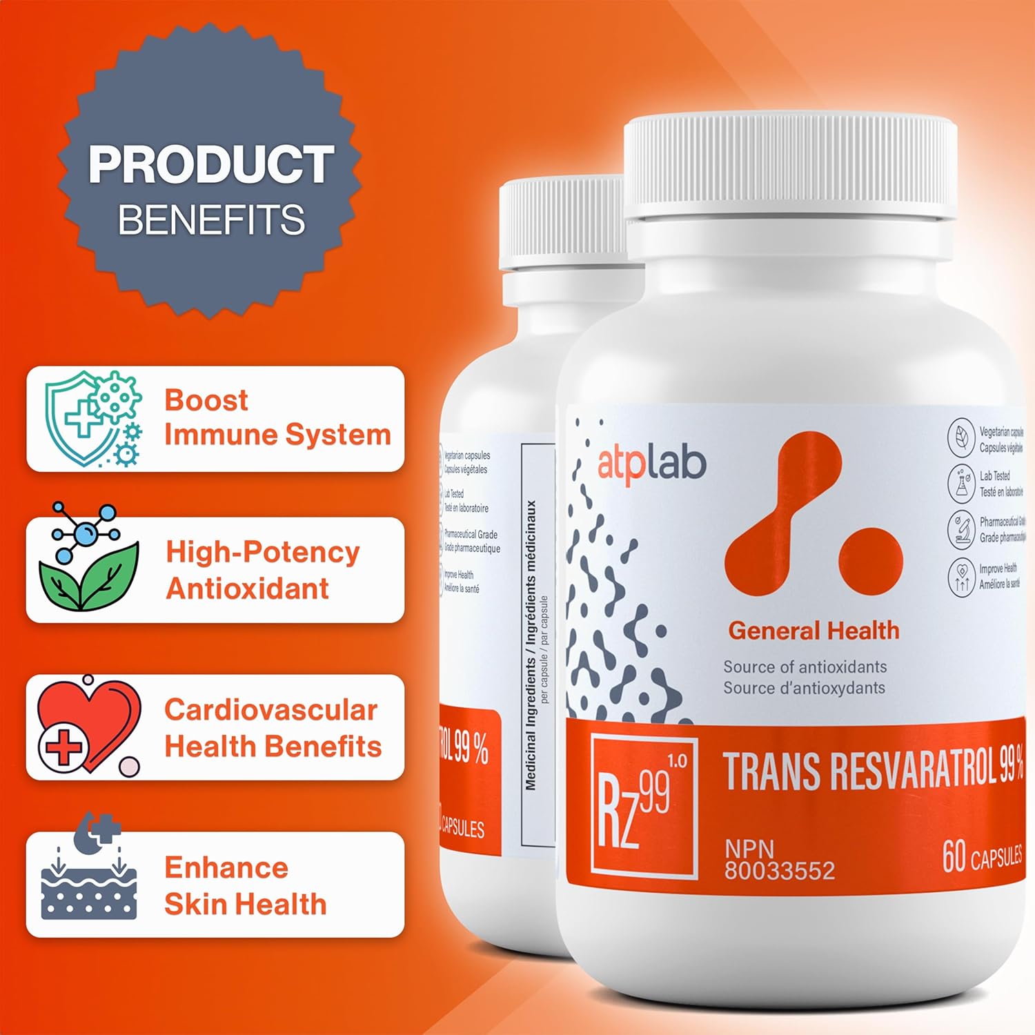 High Potency Trans Resveratrol 99% Capsules - 60 Count | Powerful Antioxidant Support from ATP LAB