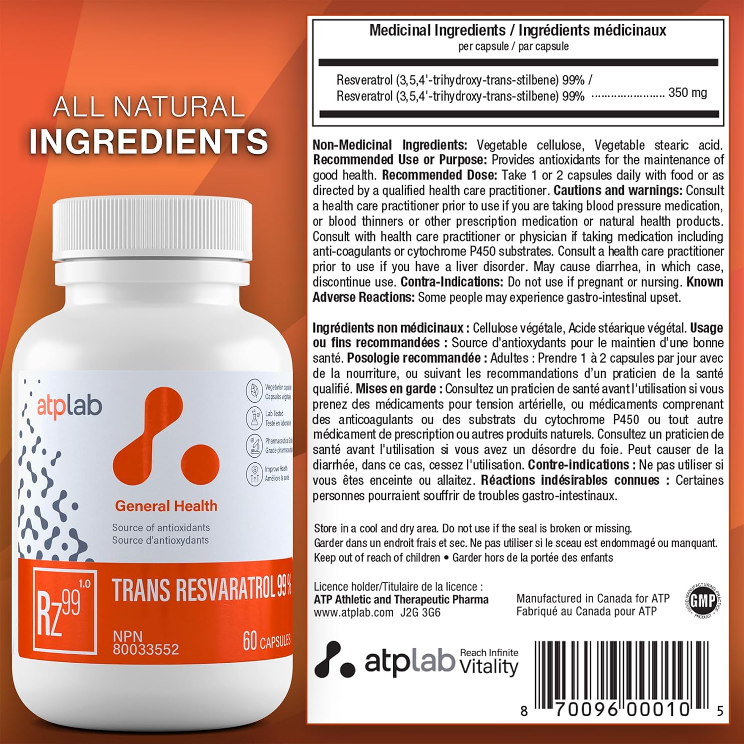 High Potency Trans Resveratrol 99% Capsules - 60 Count | Powerful Antioxidant Support from ATP LAB