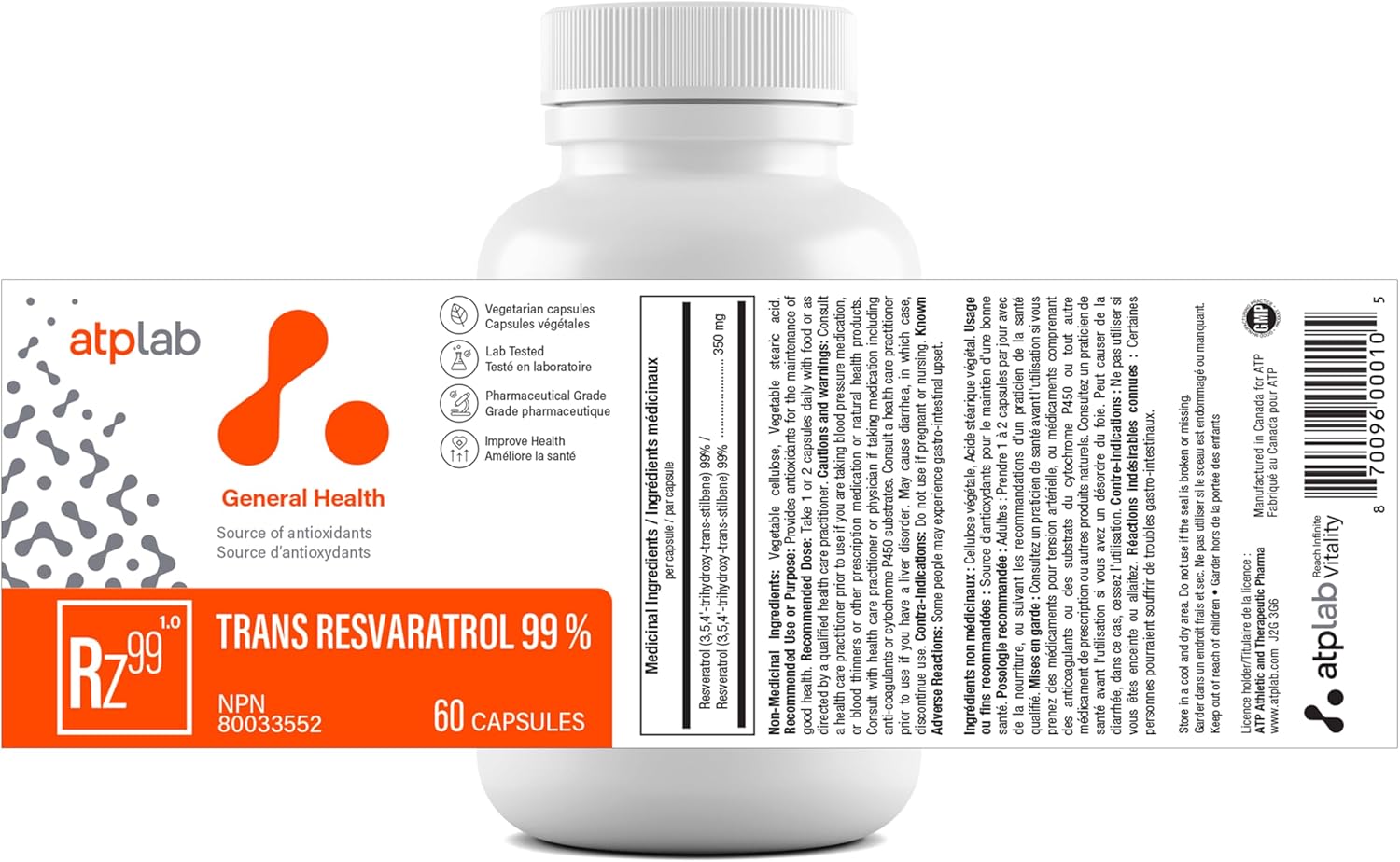 High Potency Trans Resveratrol 99% Capsules - 60 Count | Powerful Antioxidant Support from ATP LAB