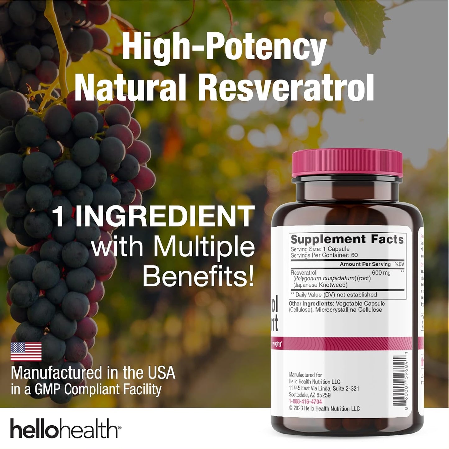 High Potency Trans Resveratrol Capsules - 600mg Supplement for Healthy Aging, Longevity, Cognitive Health - Non-GMO Vegetarian Capsules - 60 Day Supply