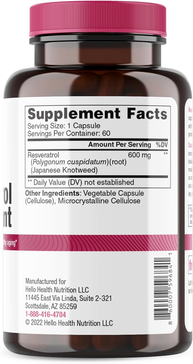 High Potency Trans Resveratrol Capsules - 600mg Supplement for Healthy Aging, Longevity, Cognitive Health - Non-GMO Vegetarian Capsules - 60 Day Supply