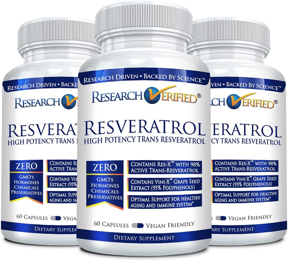 High Potency Trans-Resveratrol Supplement - 3000mg Total - Anti-Aging Support - 180 Capsules - 3 Bottles