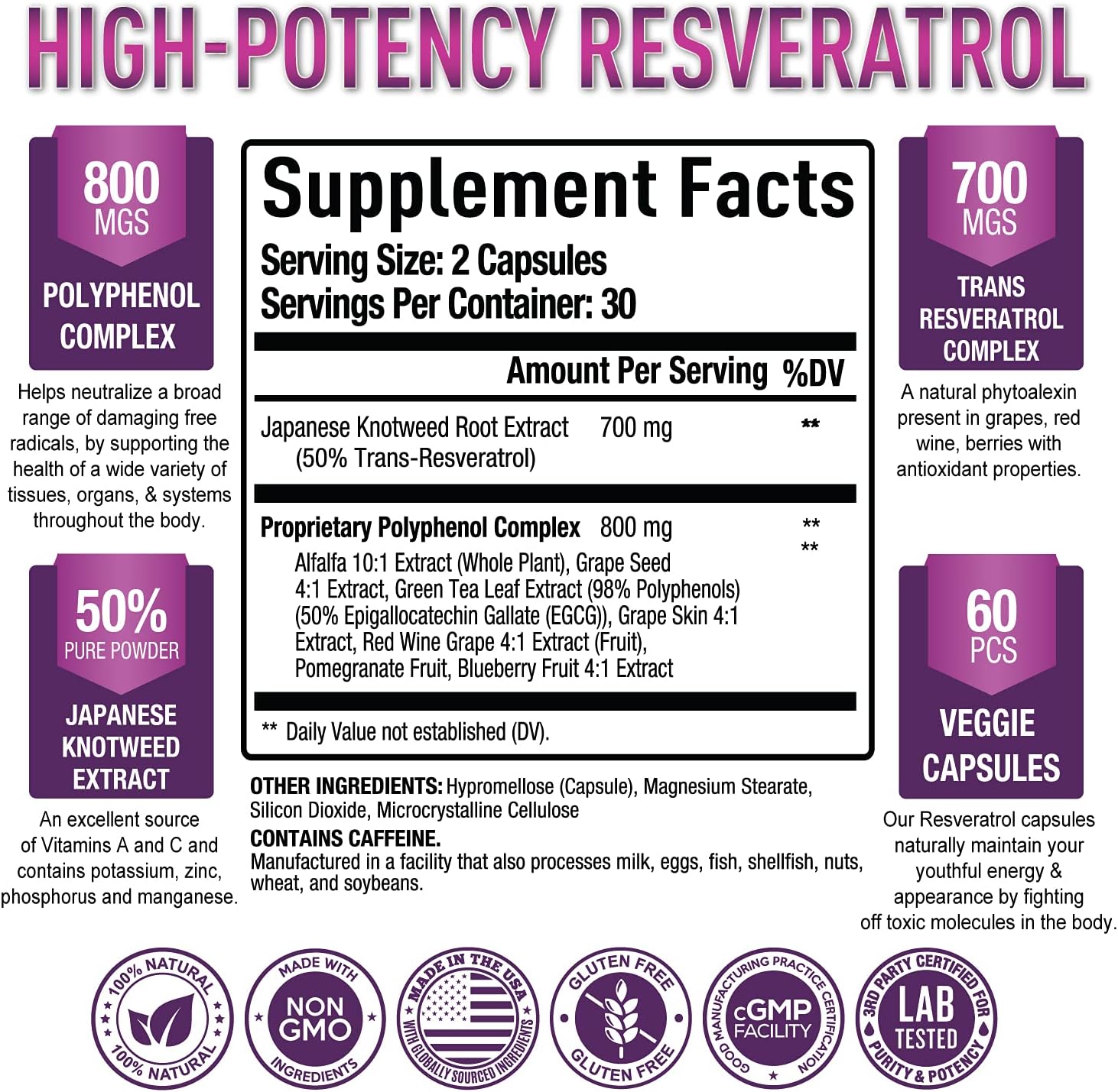 High Potency Trans-Resveratrol Supplement 1500mg - Vegan Capsules for Graceful Aging, Immunity, & Wellness