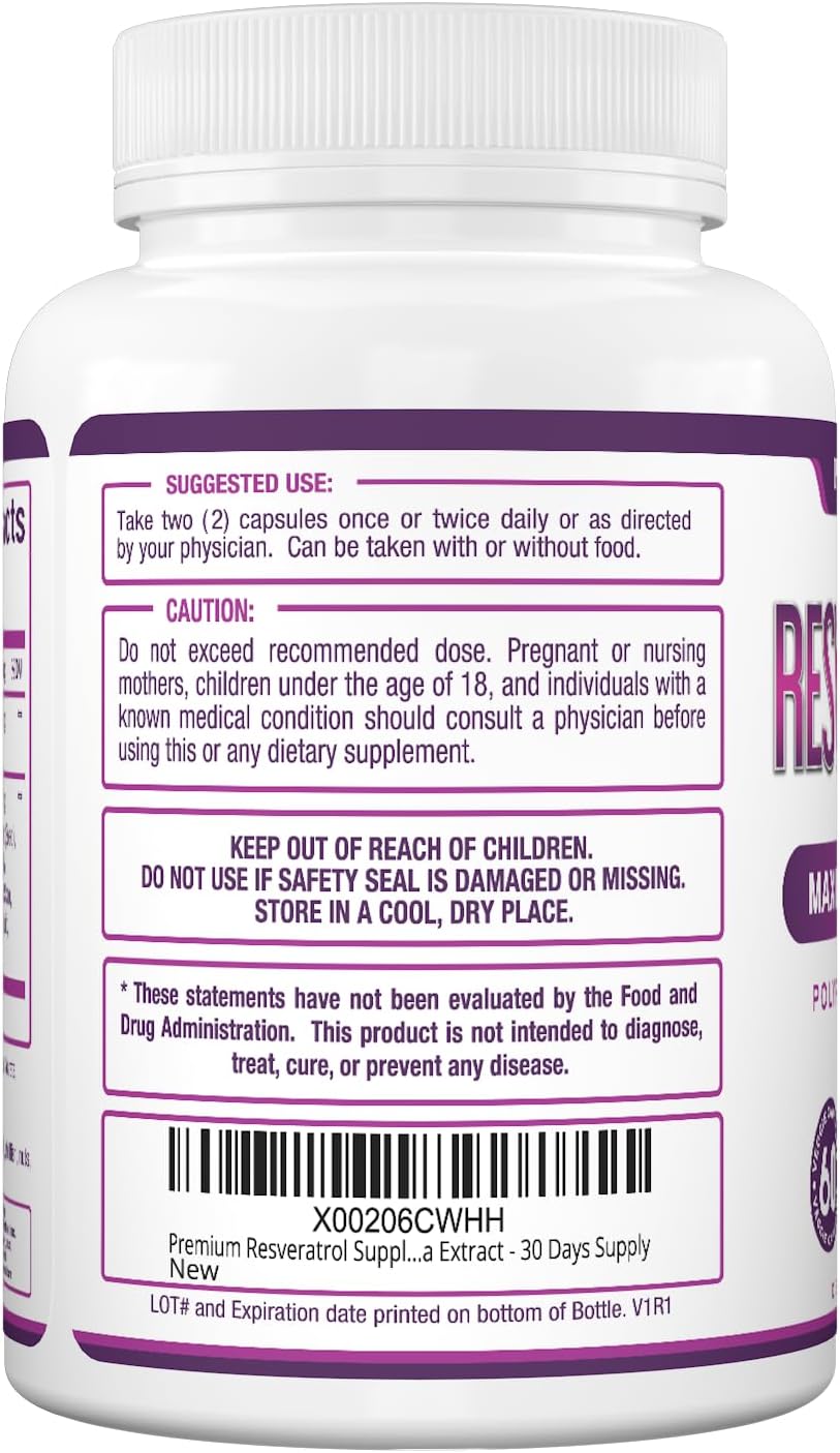 High Potency Trans-Resveratrol Supplement 1500mg - Vegan Capsules for Graceful Aging, Immunity, & Wellness