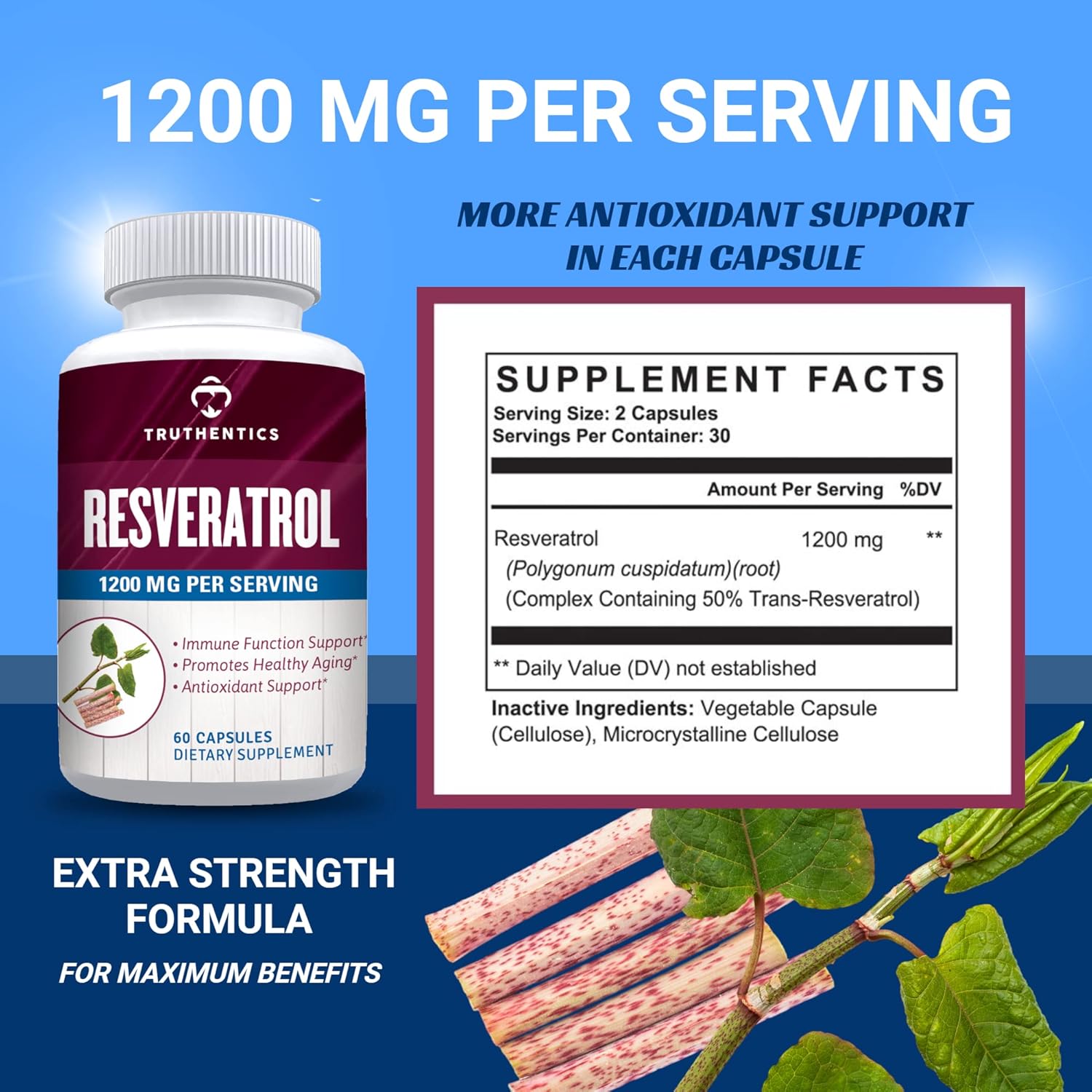 High Potency Trans Resveratrol Supplement for Healthy Aging, Skin & Immune Health - 1200mg Japanese Knotweed Capsules - 60 Vegan Capsules