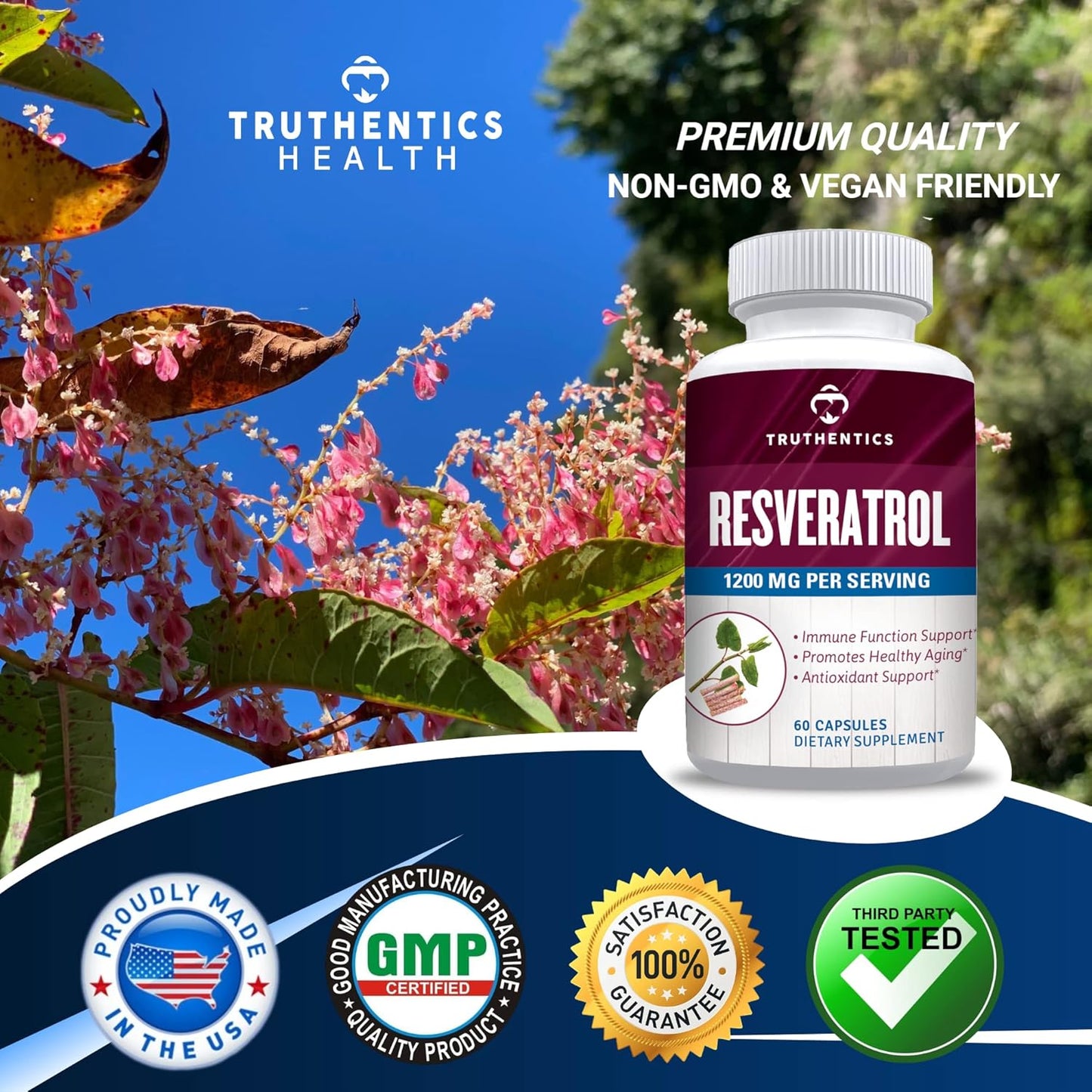 High Potency Trans Resveratrol Supplement for Healthy Aging, Skin & Immune Health - 1200mg Japanese Knotweed Capsules - 60 Vegan Capsules