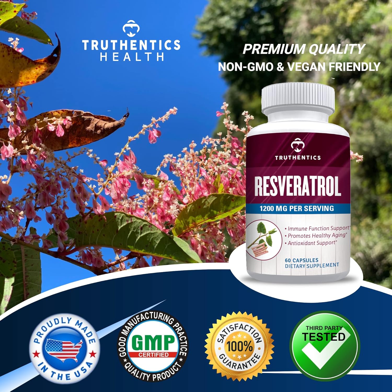 High Potency Trans Resveratrol Supplement for Healthy Aging, Skin & Immune Health - 1200mg Japanese Knotweed Capsules - 60 Vegan Capsules