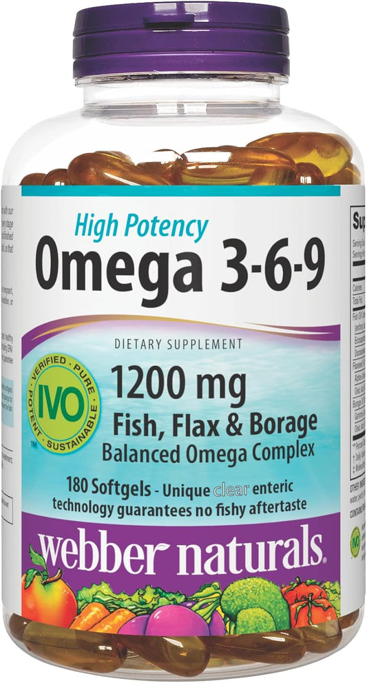 High Potency Triple Omega 3-6-9 Fish Oil Softgels, 1,200mg, 180 Count, Ultra-Purified, No Aftertaste - Heart, Brain, Cardiovascular Support, Gluten & Shellfish-Free