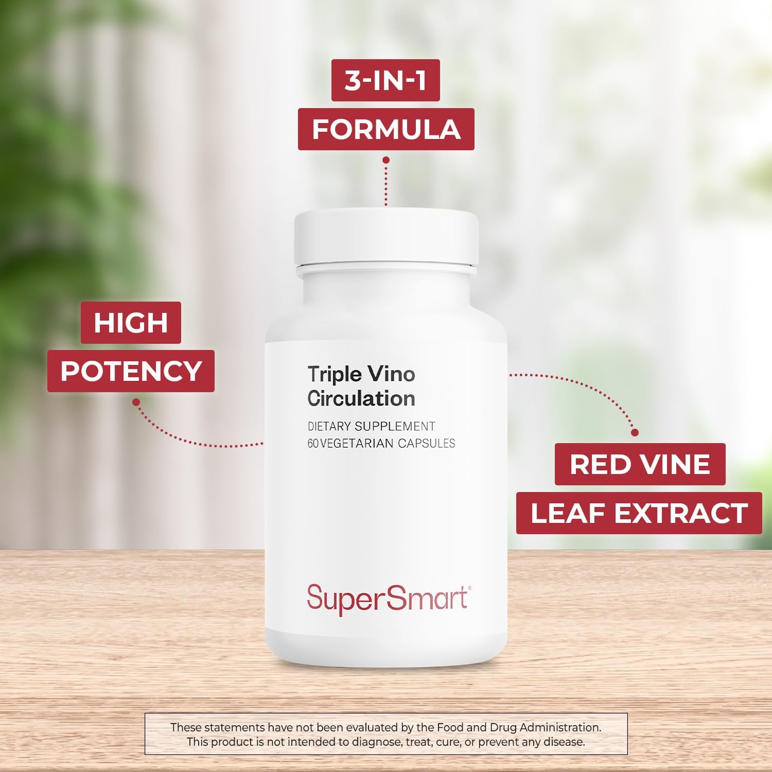 High Potency Triple Vino Circulation with Red Vine Leaf Extract - 3-in-1 Formula - Vegan & Gluten Free - 60 Veg Capsules