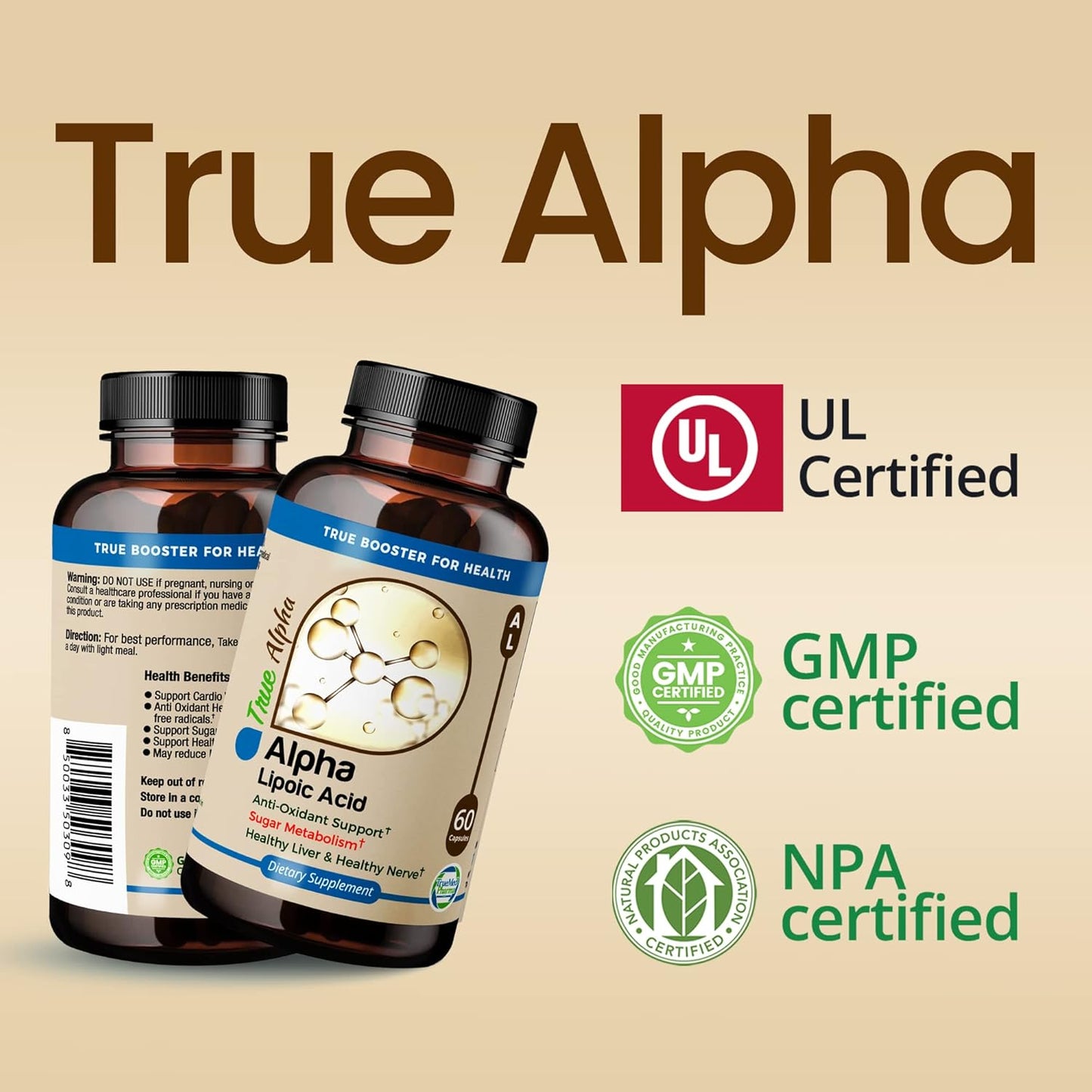 High Potency TRUEMED Alpha Lipoic Acid 600mg Supplement for Energy, Cellular Health, Immunity, Skin & Metabolism - 60 Capsules