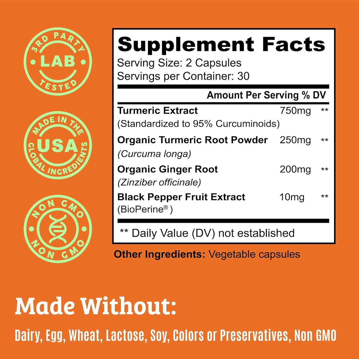 High Potency Turmeric Curcumin and Ginger Supplement with Black Pepper for Joint Support - 1000mg, 60 Capsules