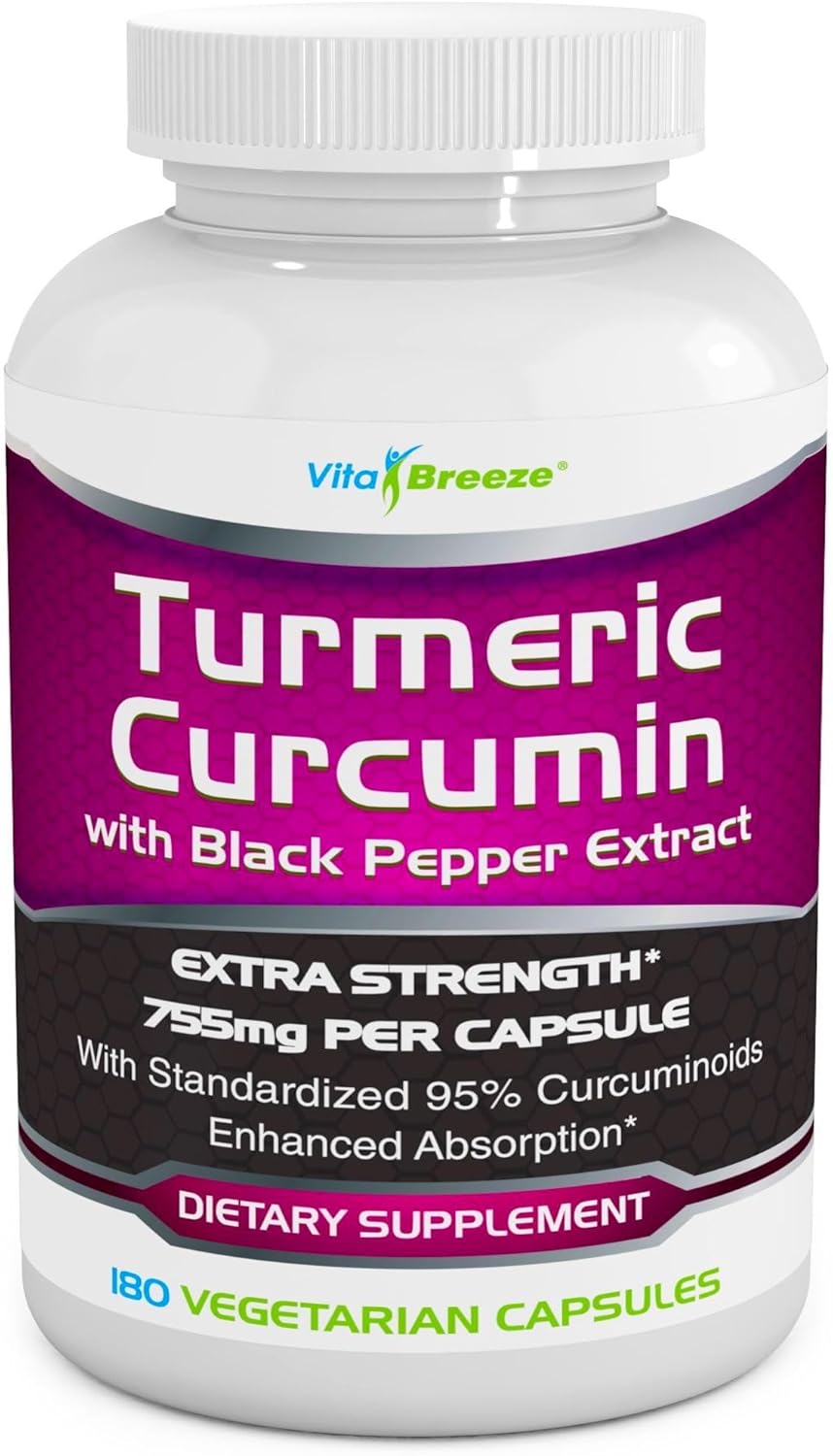 High Potency Turmeric Curcumin Capsules with Black Pepper - 755mg, 180 Vegetarian Capsules - Enhanced with Piperine for Optimal Absorption and 95% Curcuminoids