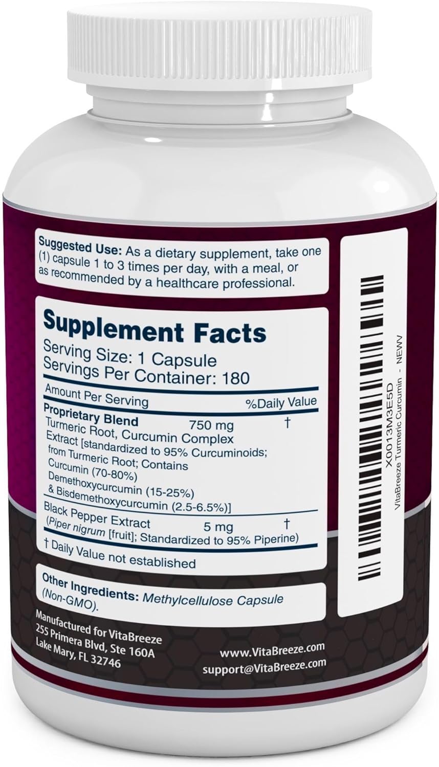 High Potency Turmeric Curcumin Capsules with Black Pepper - 755mg, 180 Vegetarian Capsules - Enhanced with Piperine for Optimal Absorption and 95% Curcuminoids