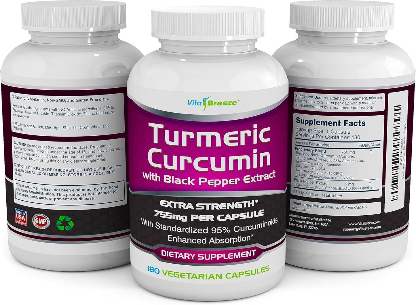 High Potency Turmeric Curcumin Capsules with Black Pepper - 755mg, 180 Vegetarian Capsules - Enhanced with Piperine for Optimal Absorption and 95% Curcuminoids