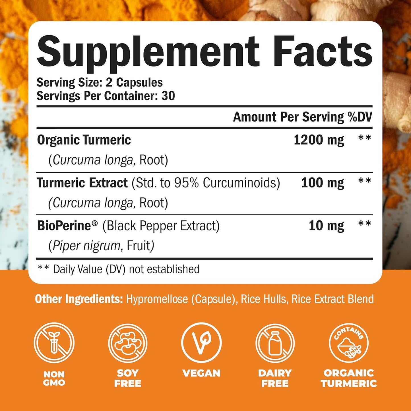 High Potency Turmeric Curcumin Supplement with Organic Tumeric 1200mg - 60 Capsules for Immune & Joint Health