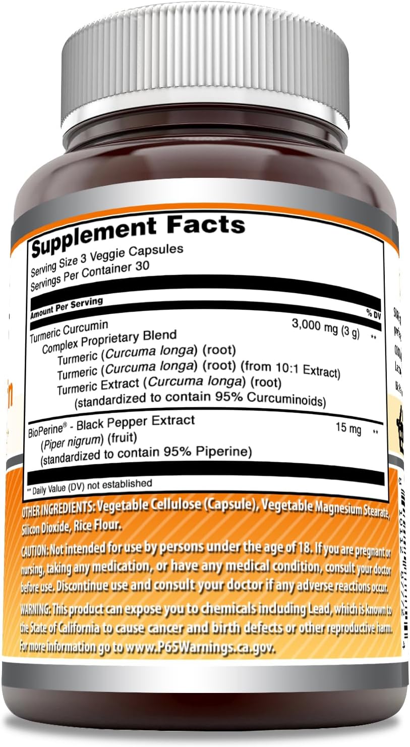 High Potency Turmeric Curcumin with Bioperine 3000mg | 90 Veggie Capsules | Non-GMO, Gluten Free | Made in USA by Amazing Nutrition