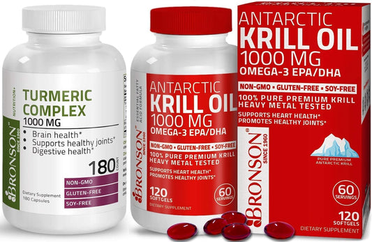 High Potency Turmeric Curcumin with BioPerine for Joint Support + Antarctic Krill Oil 1000mg with Omega-3s EPA, DHA