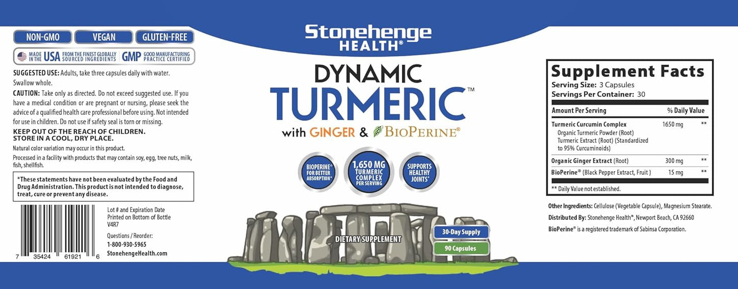 High Potency Turmeric Curcumin with Ginger - 1,650mg, 95% Curcuminoids & BioPerine - 90 Vegetarian Capsules