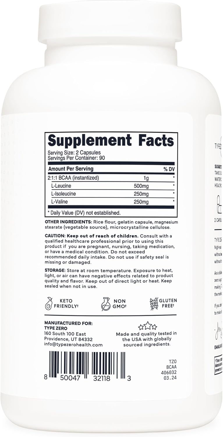 High Potency Type Zero BCAA Capsules - 180 Count (90 Servings) - 500mg L-Leucine, 1000mg L-Isoleucine & L-Valine - Branched Chain Amino Acids Supplement