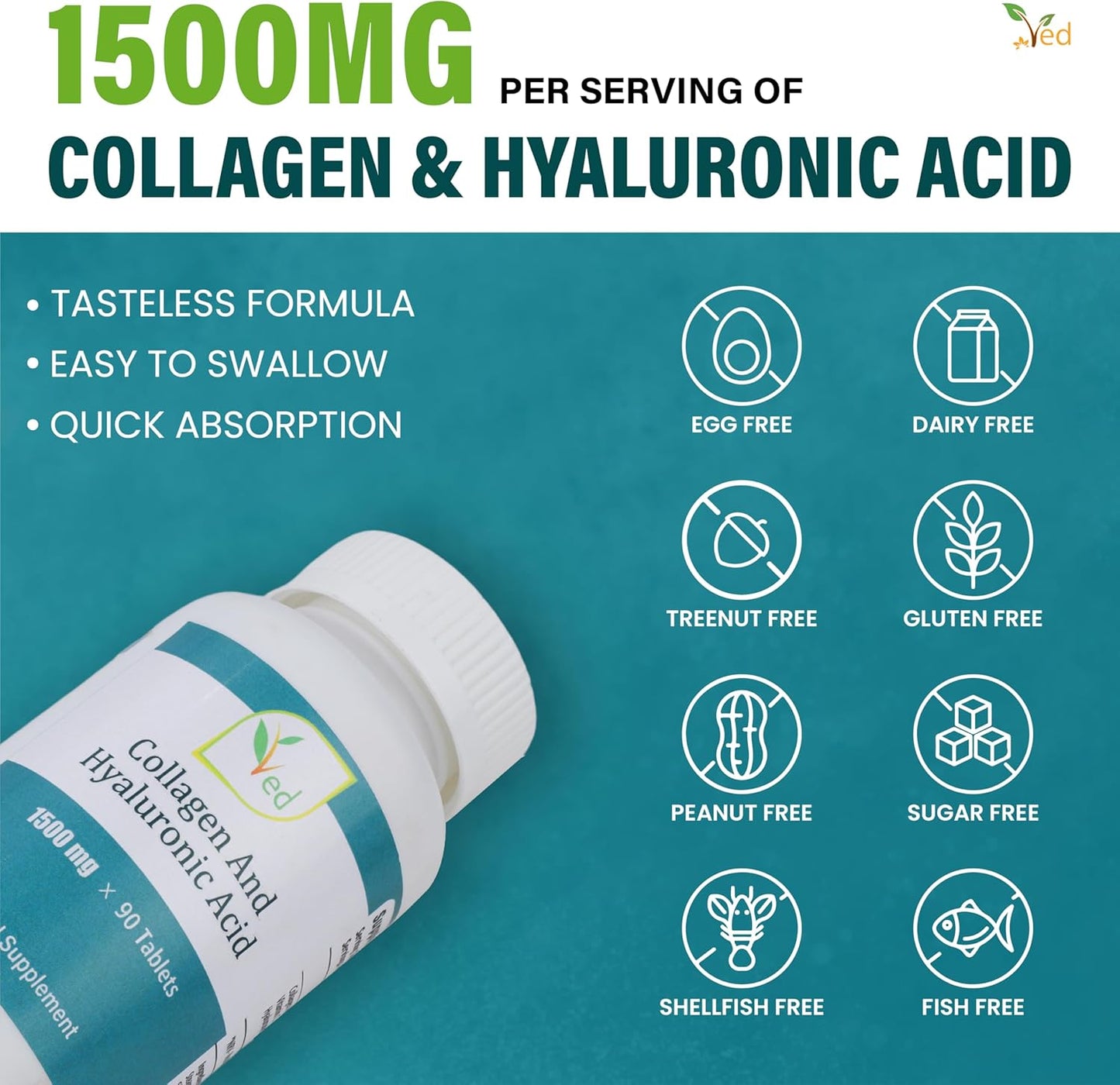 High Potency VED Ultra Pure Collagen & Hyaluronic Acid Tablets - 90 Count, 1500mg per Tablet