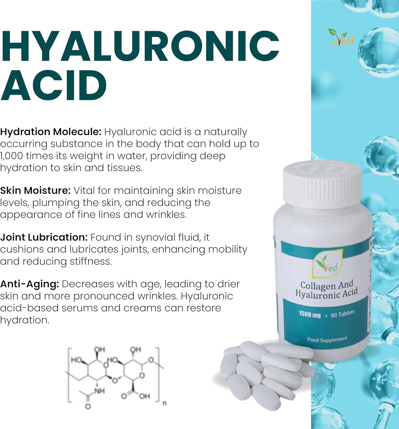 High Potency VED Ultra Pure Collagen & Hyaluronic Acid Tablets - 90 Count, 1500mg per Tablet