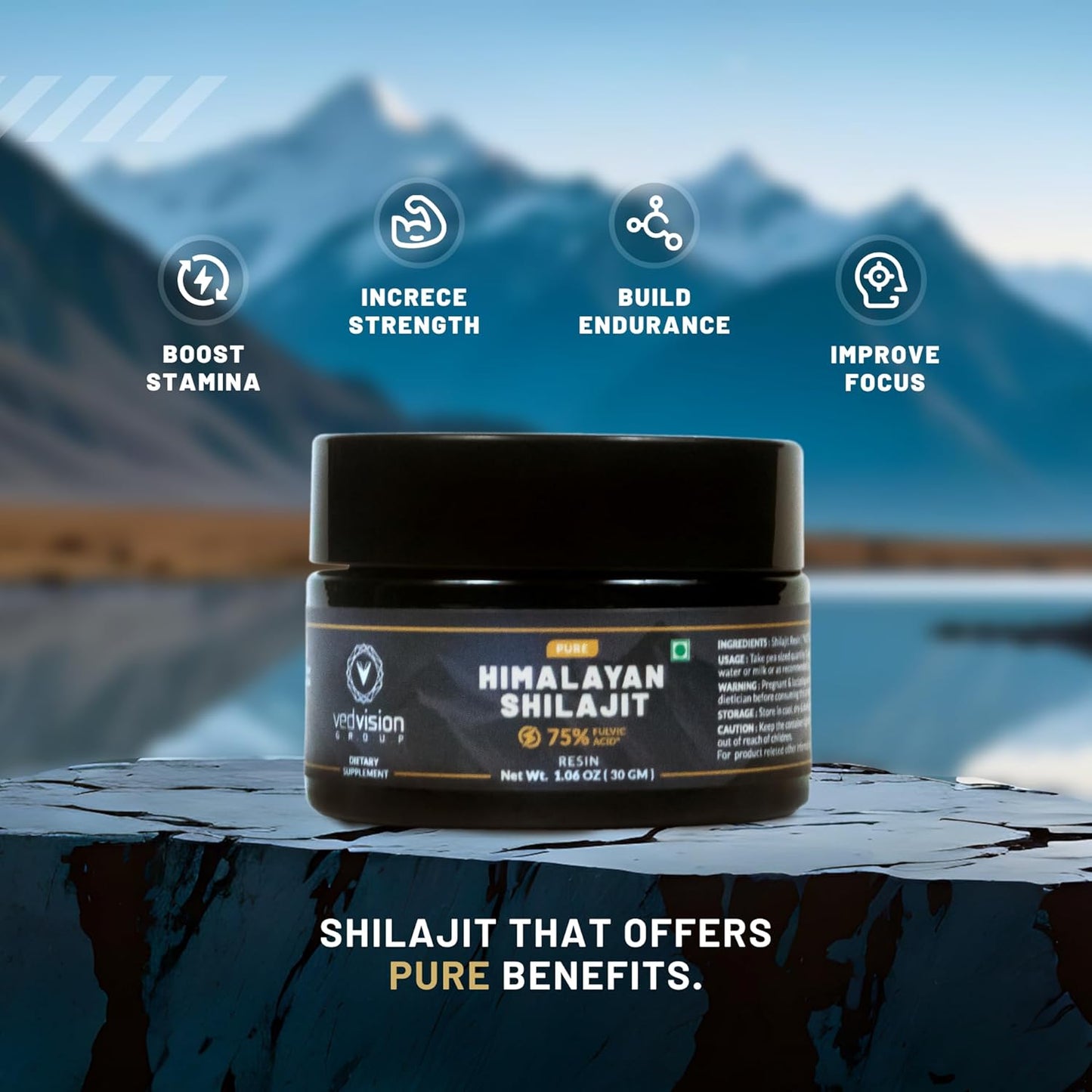 High Potency VedVision Pure Himalayan Shilajit Resin - 400mg A Grade with 75%+ Fulvic Acid & 85+ Trace Minerals - Men & Women - Lab Tested - 75 Servings