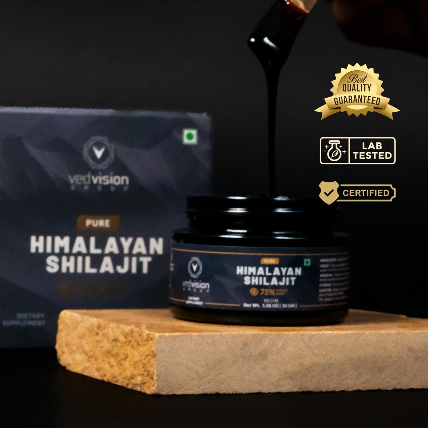High Potency VedVision Pure Himalayan Shilajit Resin - 400mg A Grade with 75%+ Fulvic Acid & 85+ Trace Minerals - Men & Women - Lab Tested - 75 Servings