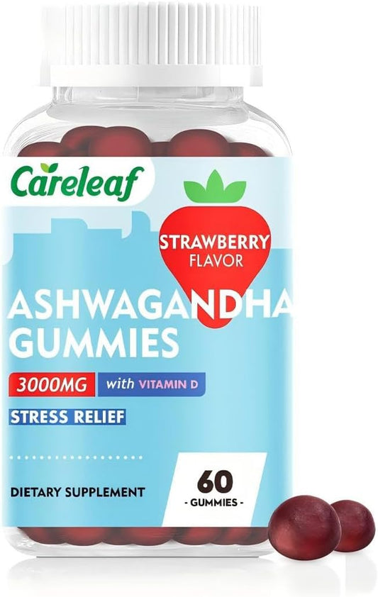 High Potency Vegan Ashwagandha Gummies with Vitamin D2 - Strawberry Flavor - 60 Count Bottle