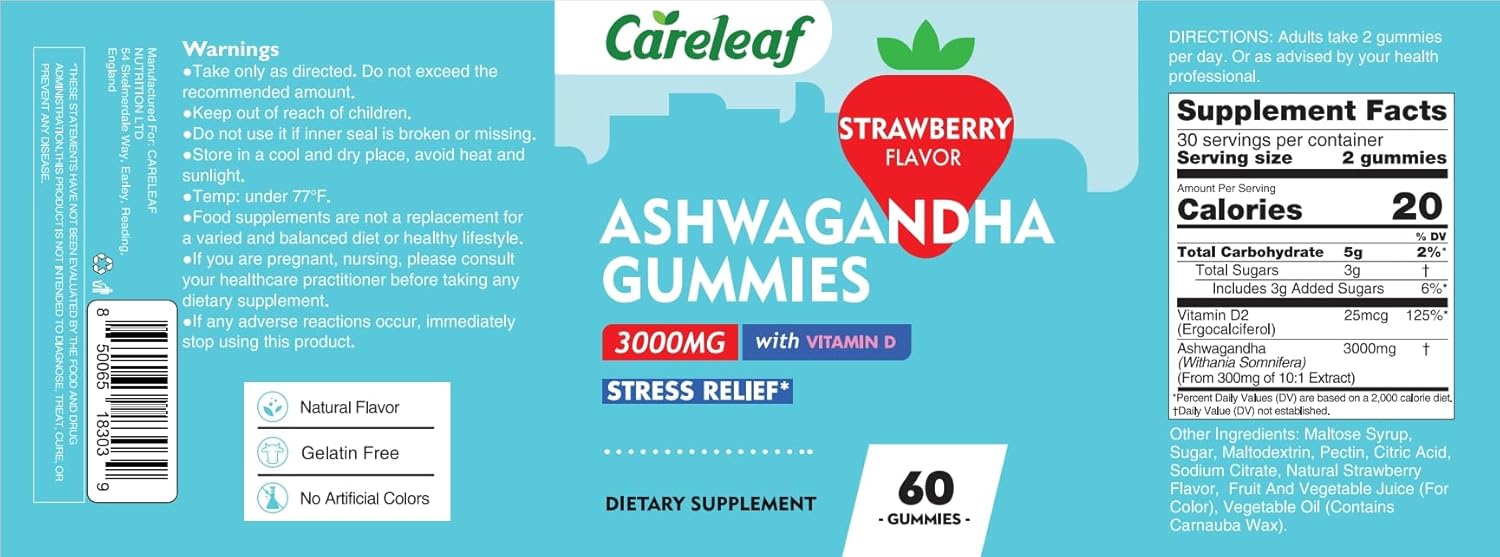 High Potency Vegan Ashwagandha Gummies with Vitamin D2 - Strawberry Flavor - 60 Count Bottle