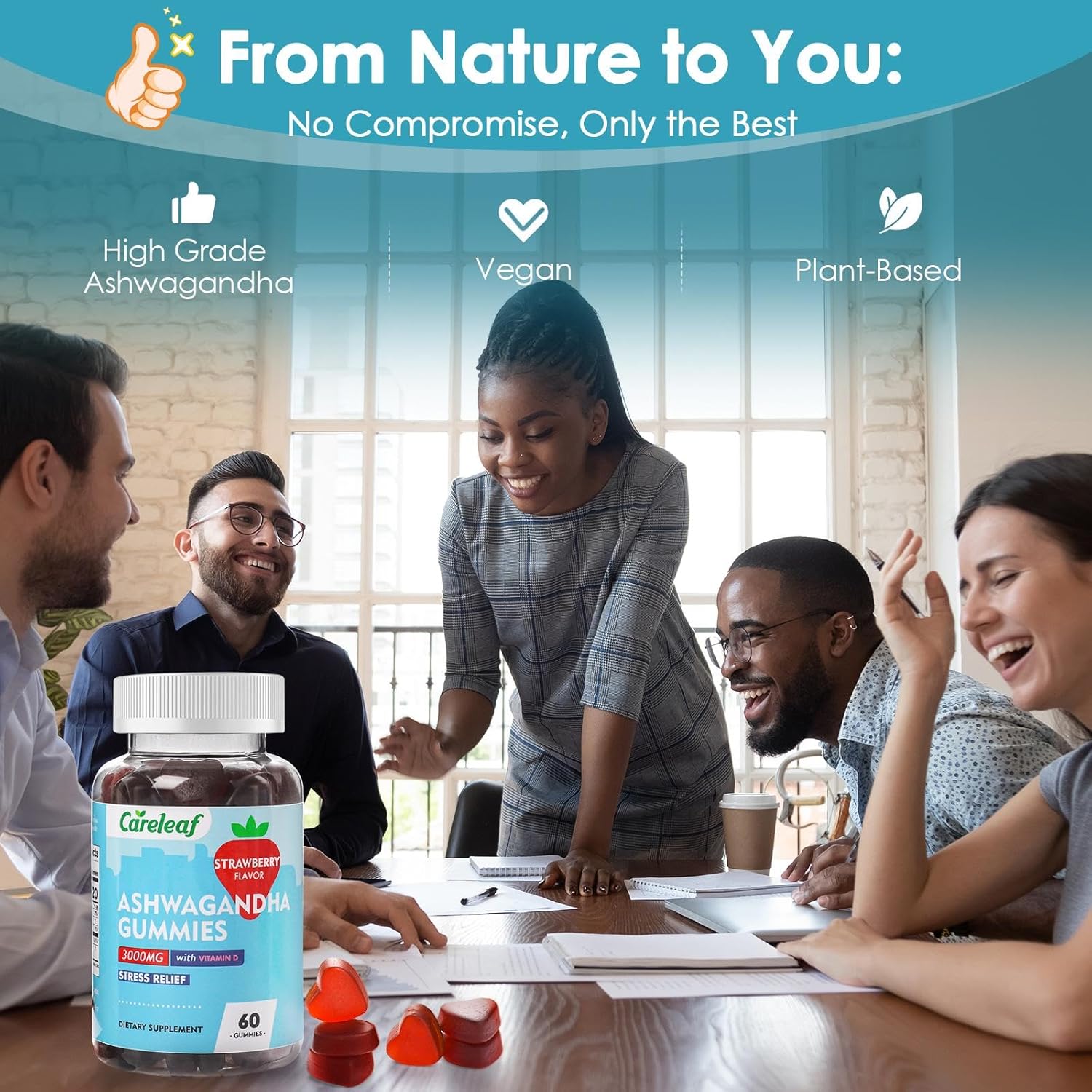 High Potency Vegan Ashwagandha Gummies with Vitamin D2 - Strawberry Flavor - 60 Count Bottle