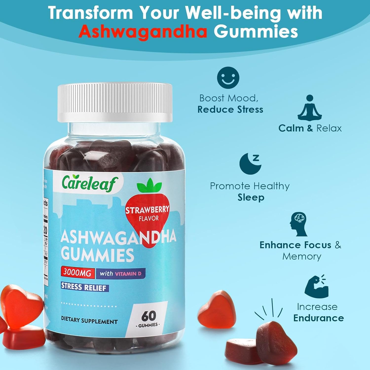 High Potency Vegan Ashwagandha Gummies with Vitamin D2 - Strawberry Flavor - 60 Count Bottle