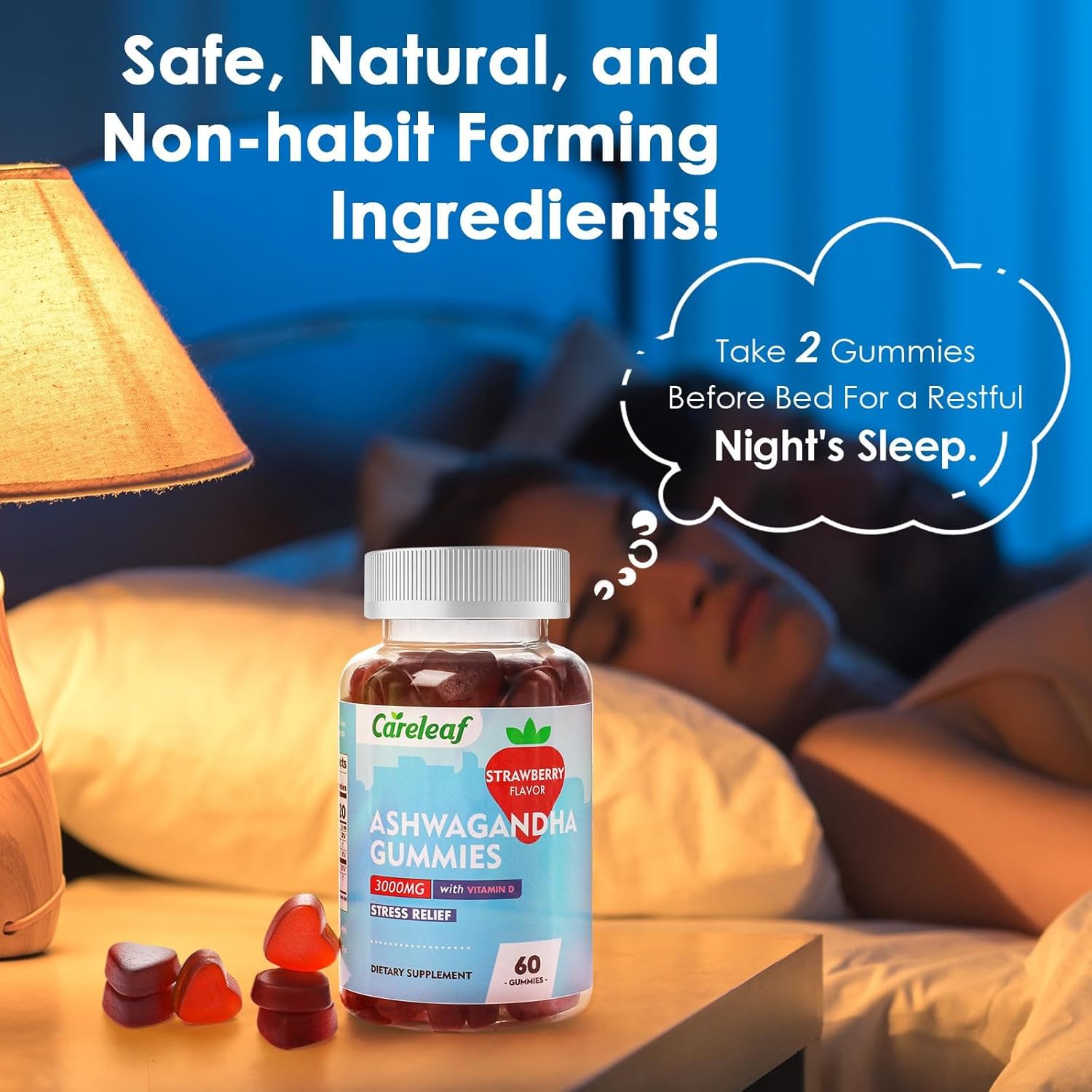 High Potency Vegan Ashwagandha Gummies with Vitamin D2 - Strawberry Flavor - 60 Count Bottle