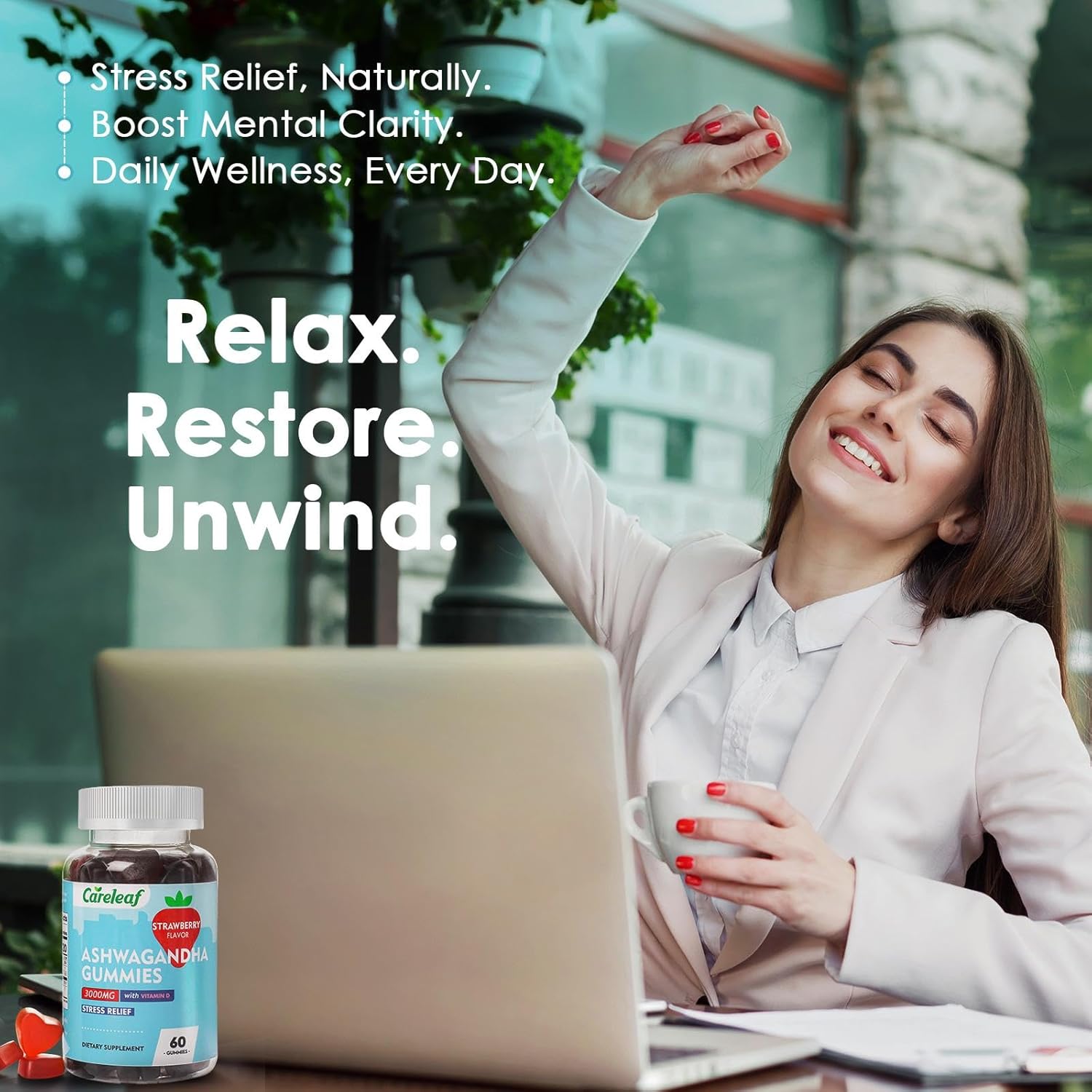 High Potency Vegan Ashwagandha Gummies with Vitamin D2 - Strawberry Flavor - 60 Count Bottle