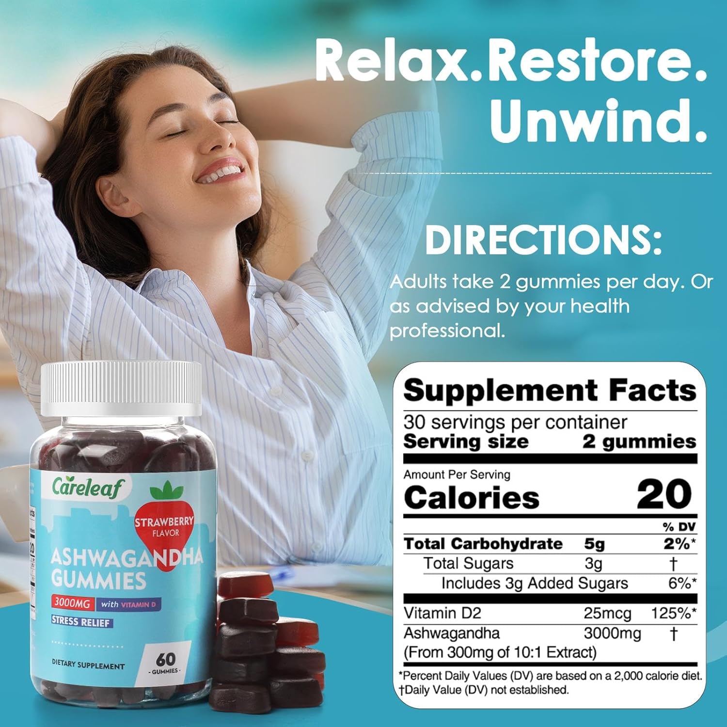 High Potency Vegan Ashwagandha Gummies with Vitamin D2 - Strawberry Flavor - 60 Count Bottle