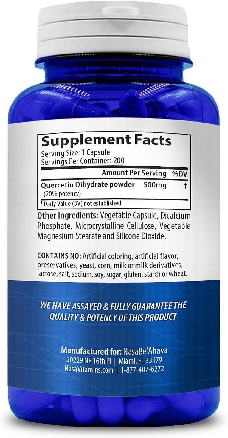 High Potency Vegan Quercetin Dihydrate Capsules for Heart, Skin, and Immune Support - 500mg Antioxidant Supplement - Gluten-Free - Made in USA (200 Servings)