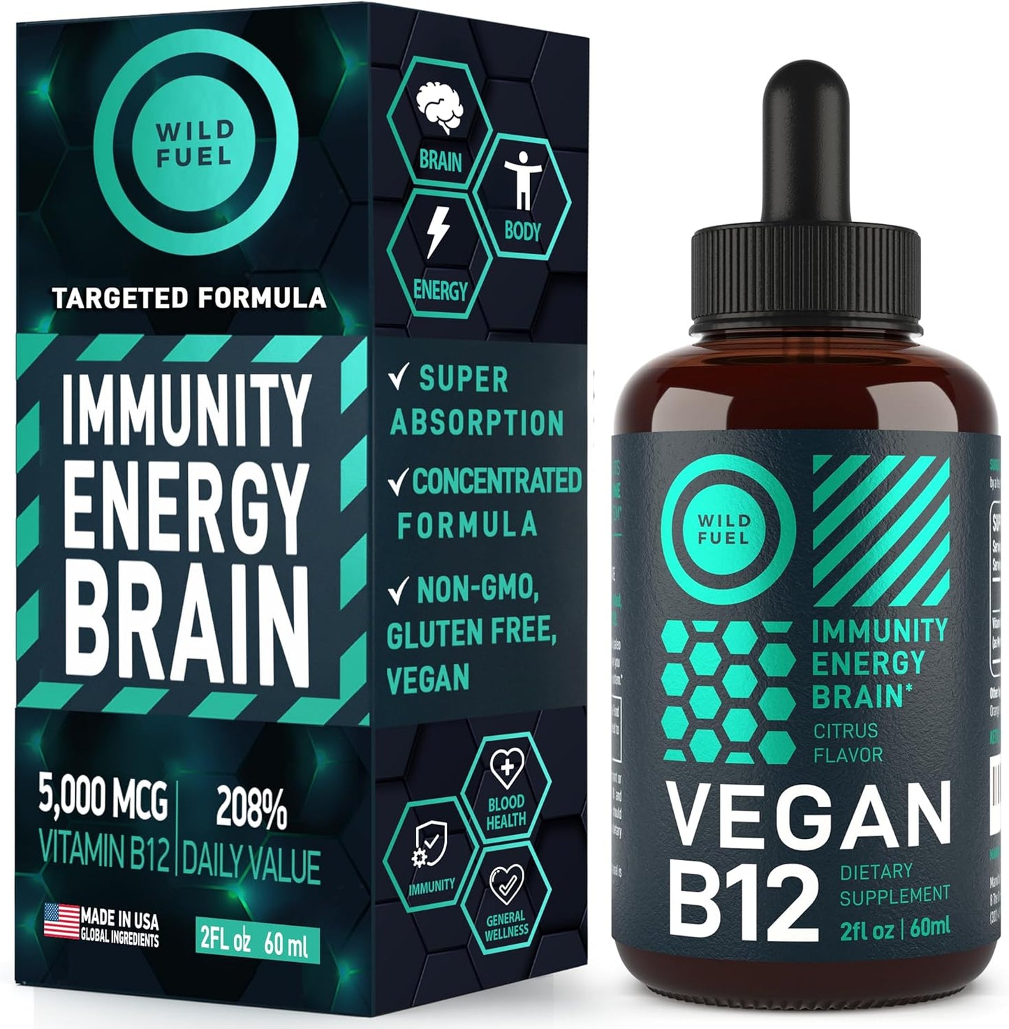 High-Potency Vegan Vitamin B12 Liquid Drops - Fast-Acting 5000mcg Methylcobalamin Supplement - Energy, Memory, Mood Support - Non-GMO, Natural Citrus Flavor - 60 Servings, 2oz