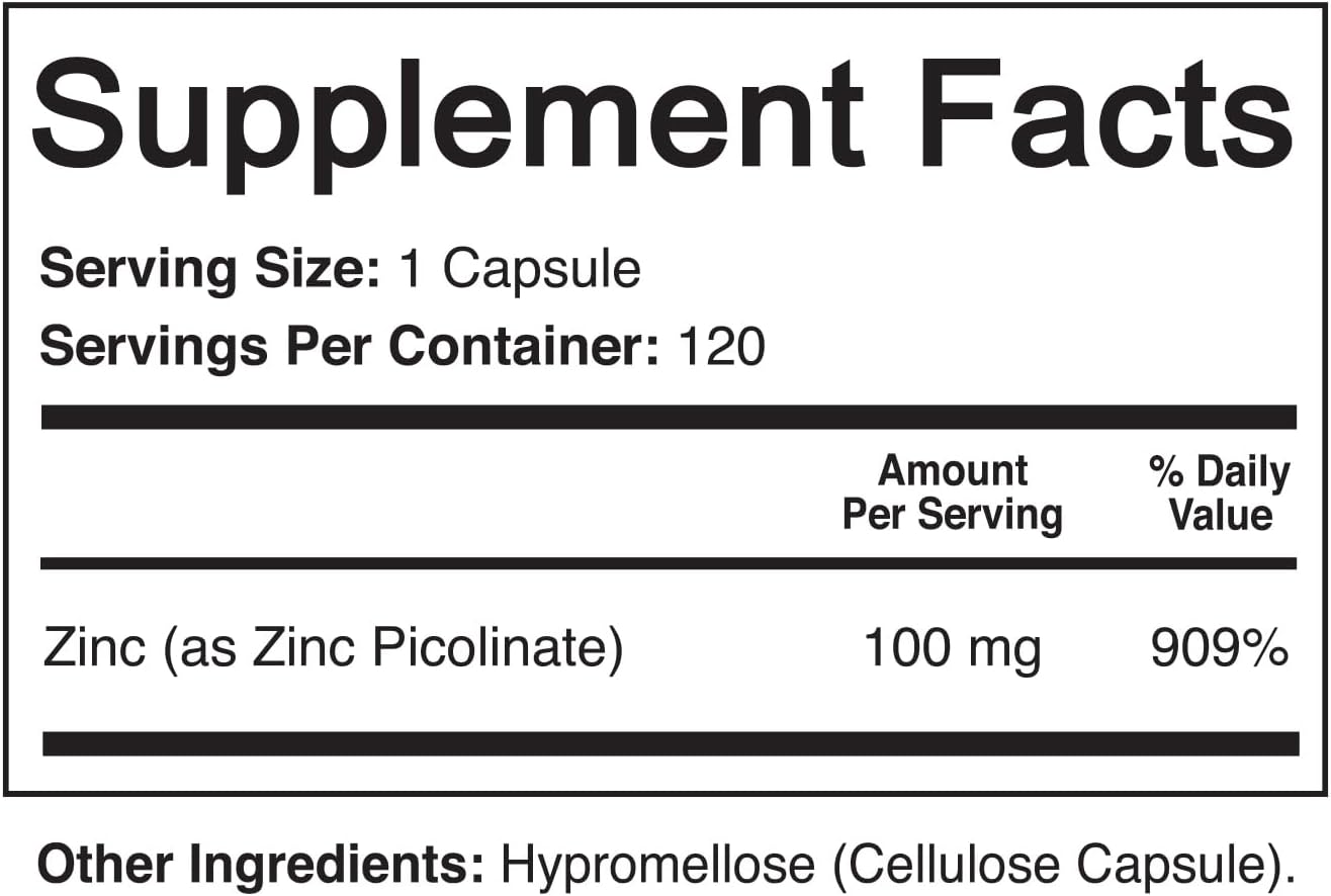High Potency Vegan Zinc Picolinate Supplement - 100mg, 120 Capsules - Non-GMO, Made in USA, Lab Tested