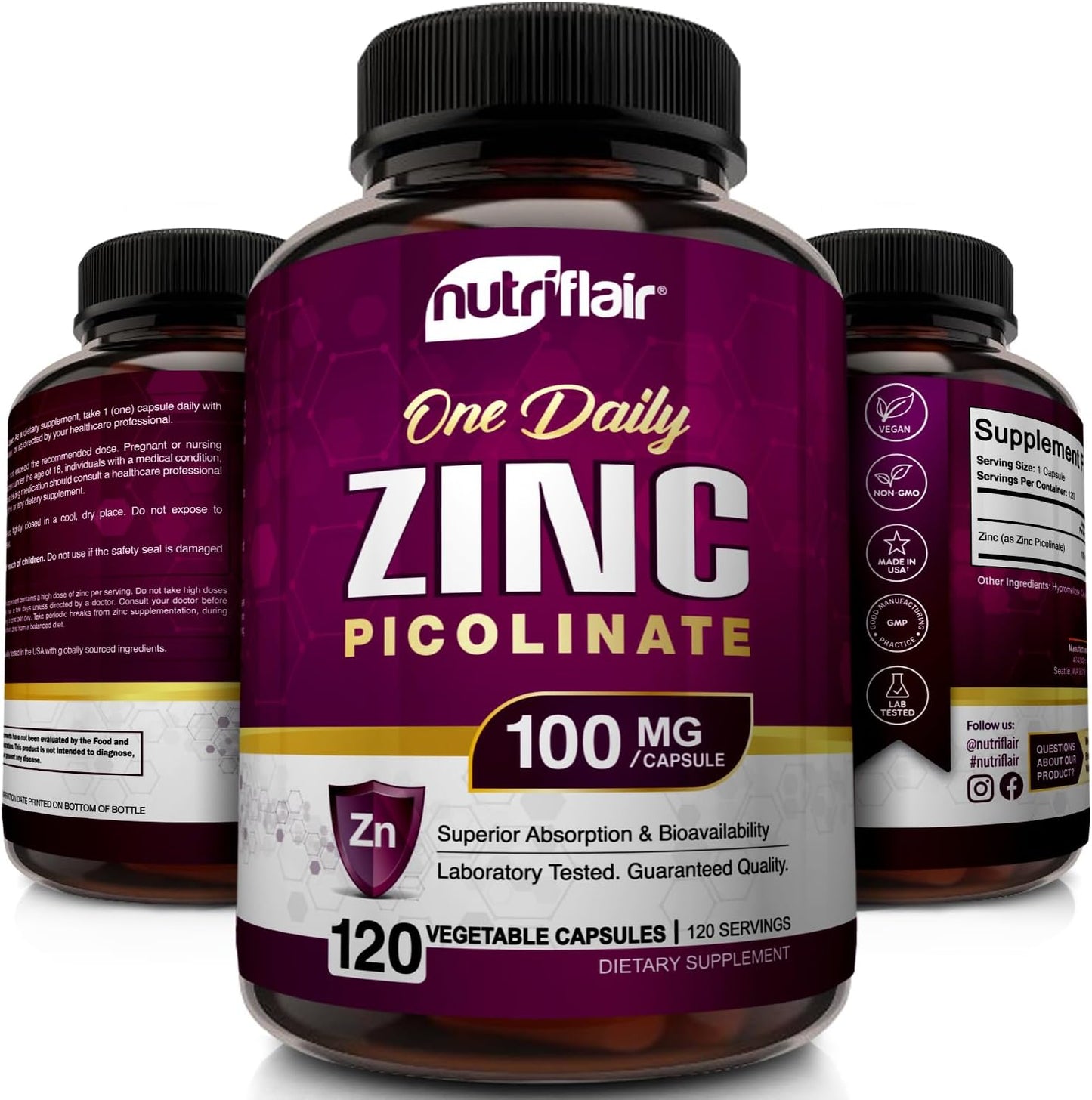 High Potency Vegan Zinc Picolinate Supplement - 100mg, 120 Capsules - Non-GMO, Made in USA, Lab Tested